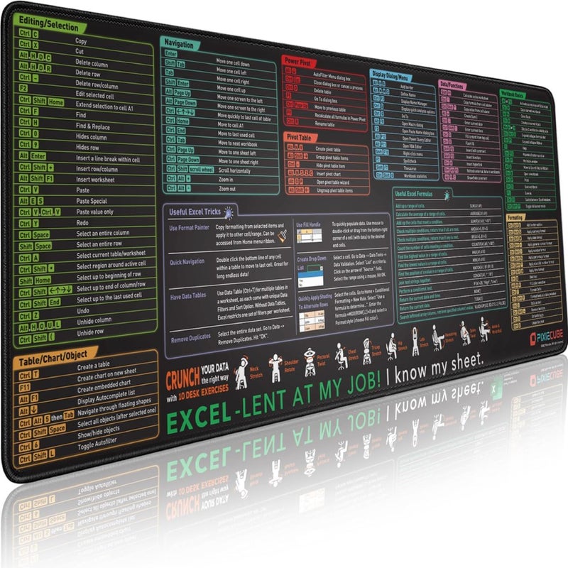 Pixiecube Excel Shortcut Keys Mouse Pad - Extended Large XL Cheat Sheet Gaming Mousepad | PC Office Spreadsheet Keyboard Mat | Non-Slip Stitched Edge - Image 1